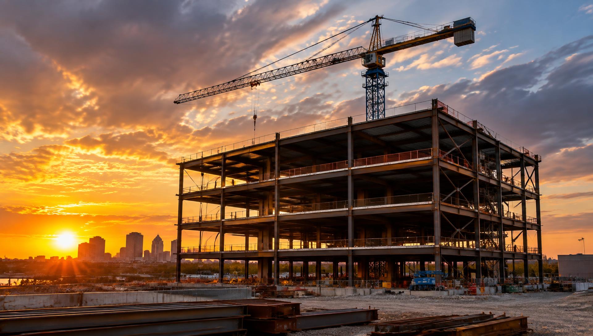 Steel frame of a commercial building under construction with a tower crane